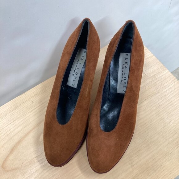 Pura Lopez Suede Pumps, Size 6.5 B, Caramel & Plum Leather 3" Spool Heel Classic - Picture 2 of 13